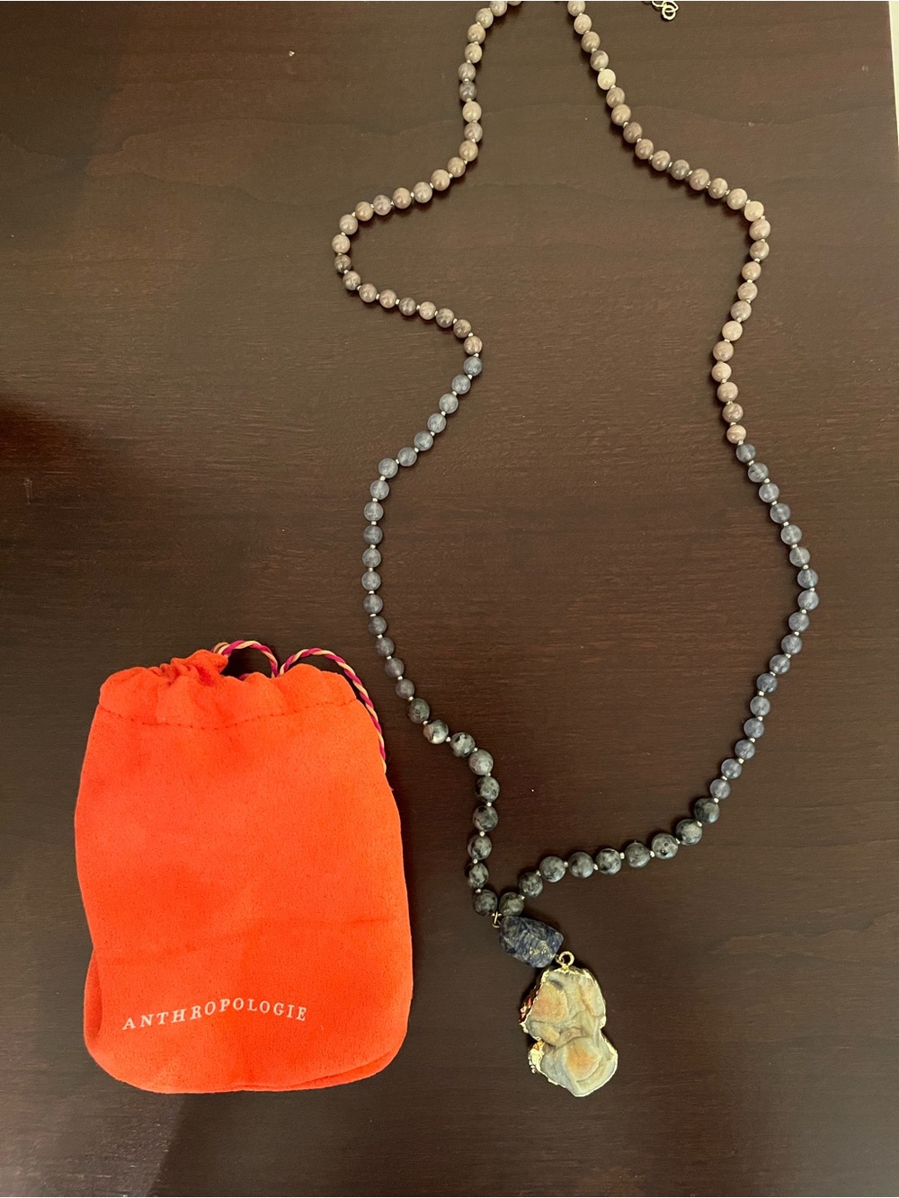 Anthropologie Gradient Gray to Black Beaded Necklace with Raw Stone Pendant